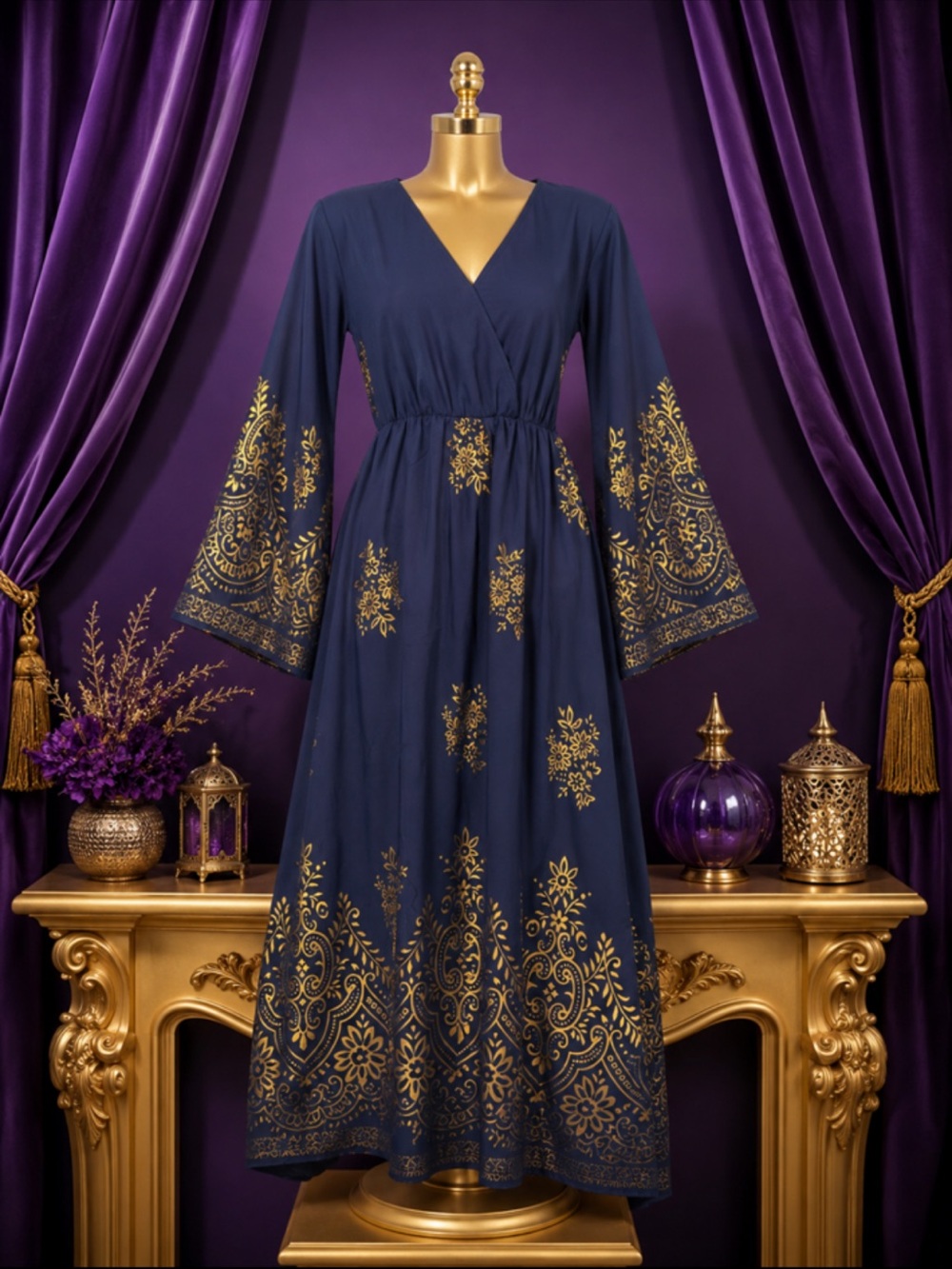 Elegant Navy and Gold Maxi Dress - Women Dresses